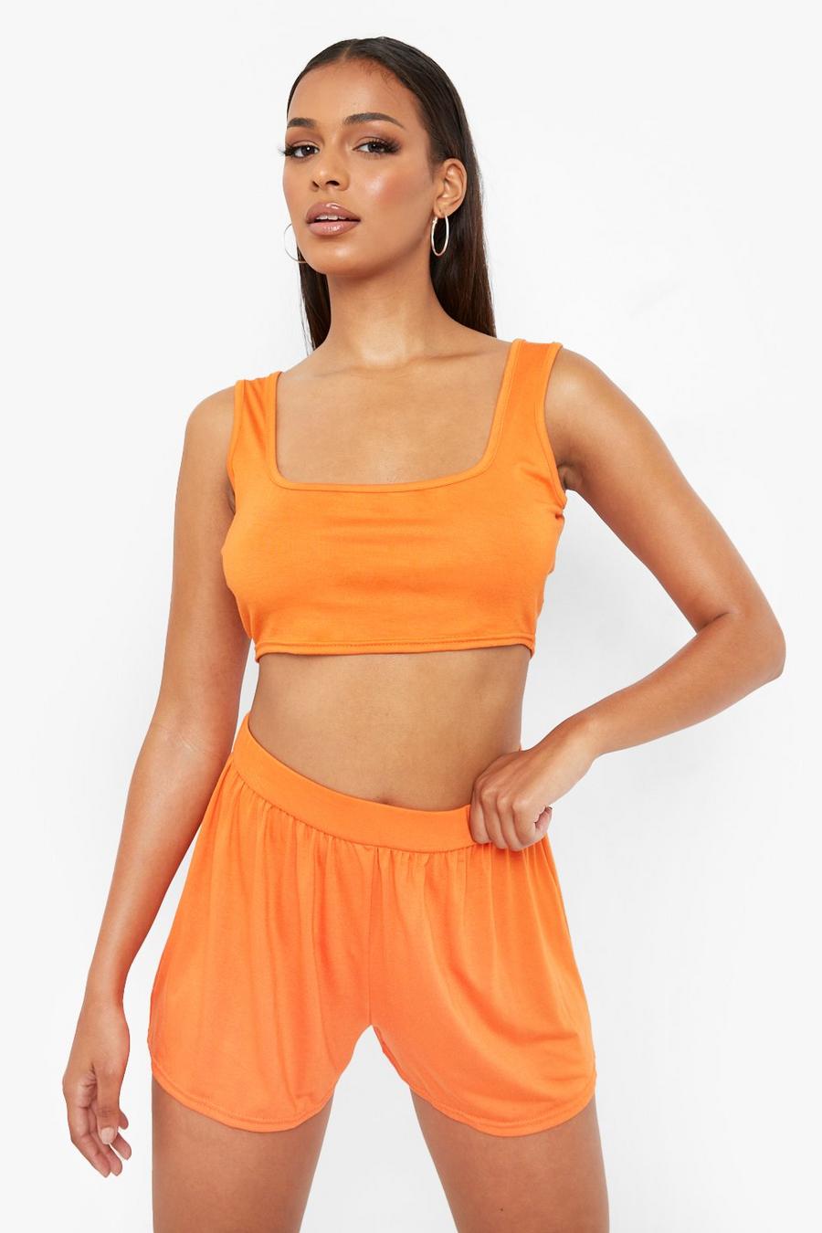 Orange Jersey Crop Top & Flippy Shorts Set image number 1