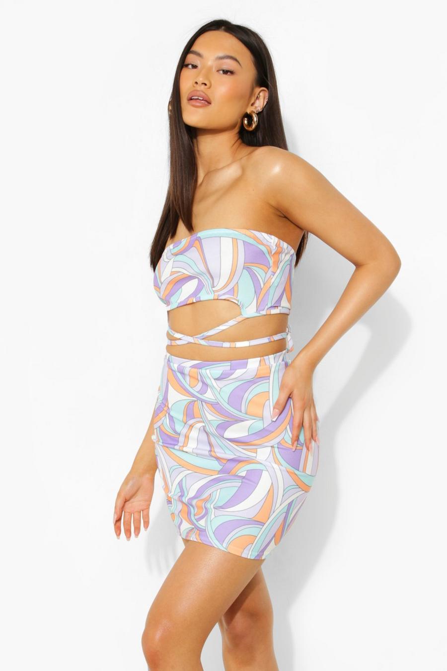 Lilac Abstract Print Tie Waist Bandeau & Mini Skirt image number 1