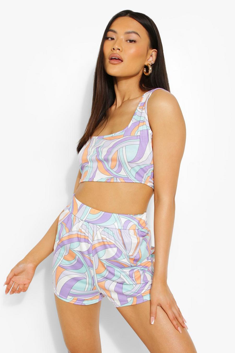 Lilac Abstract Print Jersey Knit Crop & Flowy Shorts image number 1