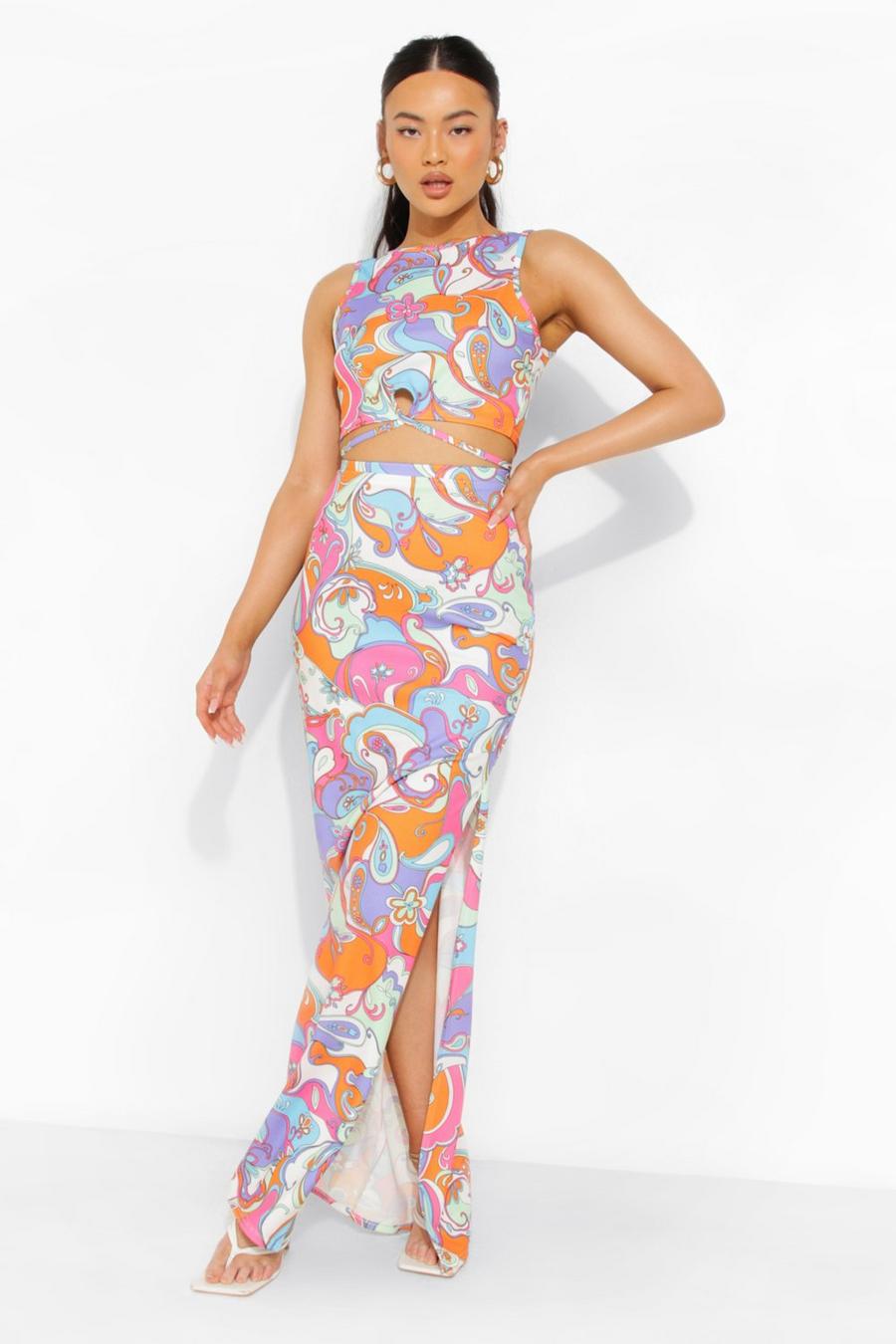 Orange Abstract Print Crop & Maxi Skirt
