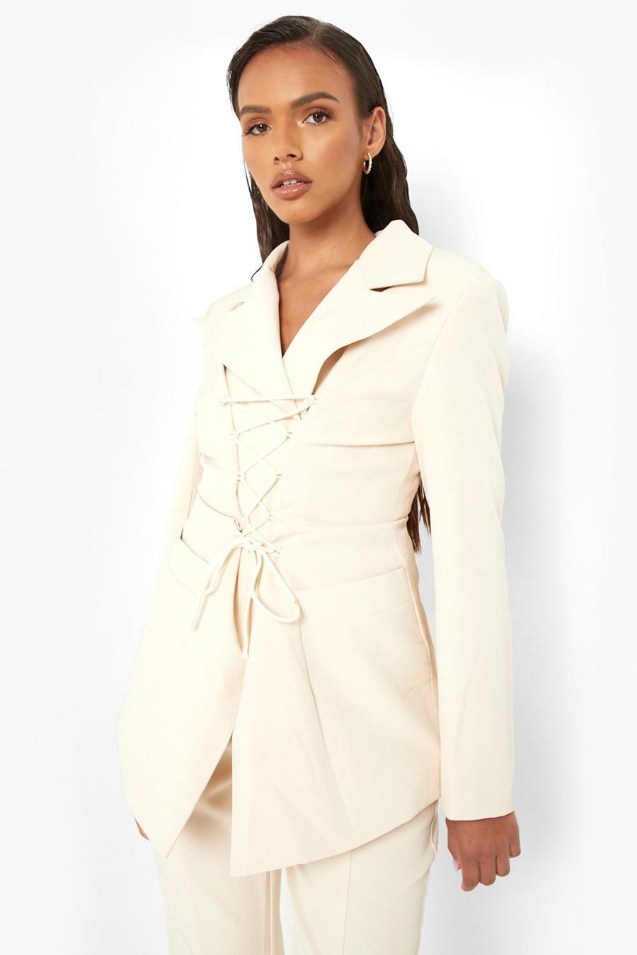 Cream Tailored Lace Up Fitted Blazer image number 1