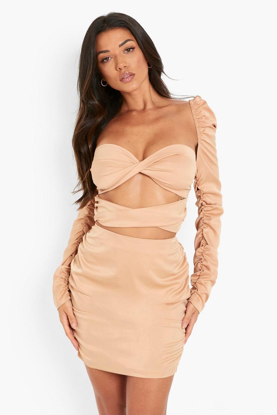 Nude Matte Satin Ruched Sleeve Crop Top image number 1