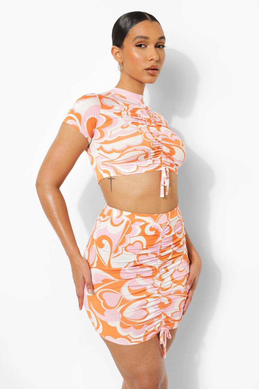 Pink Marble Print Ruched Crop & Mini Skirt image number 1