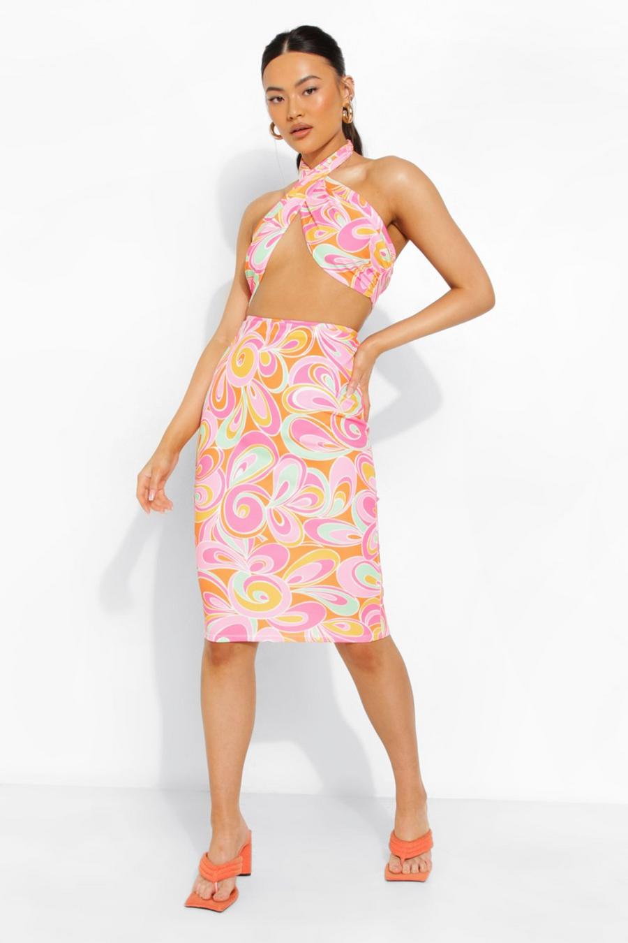 Pink Abstract Print Halter Crop & Midi Skirt image number 1