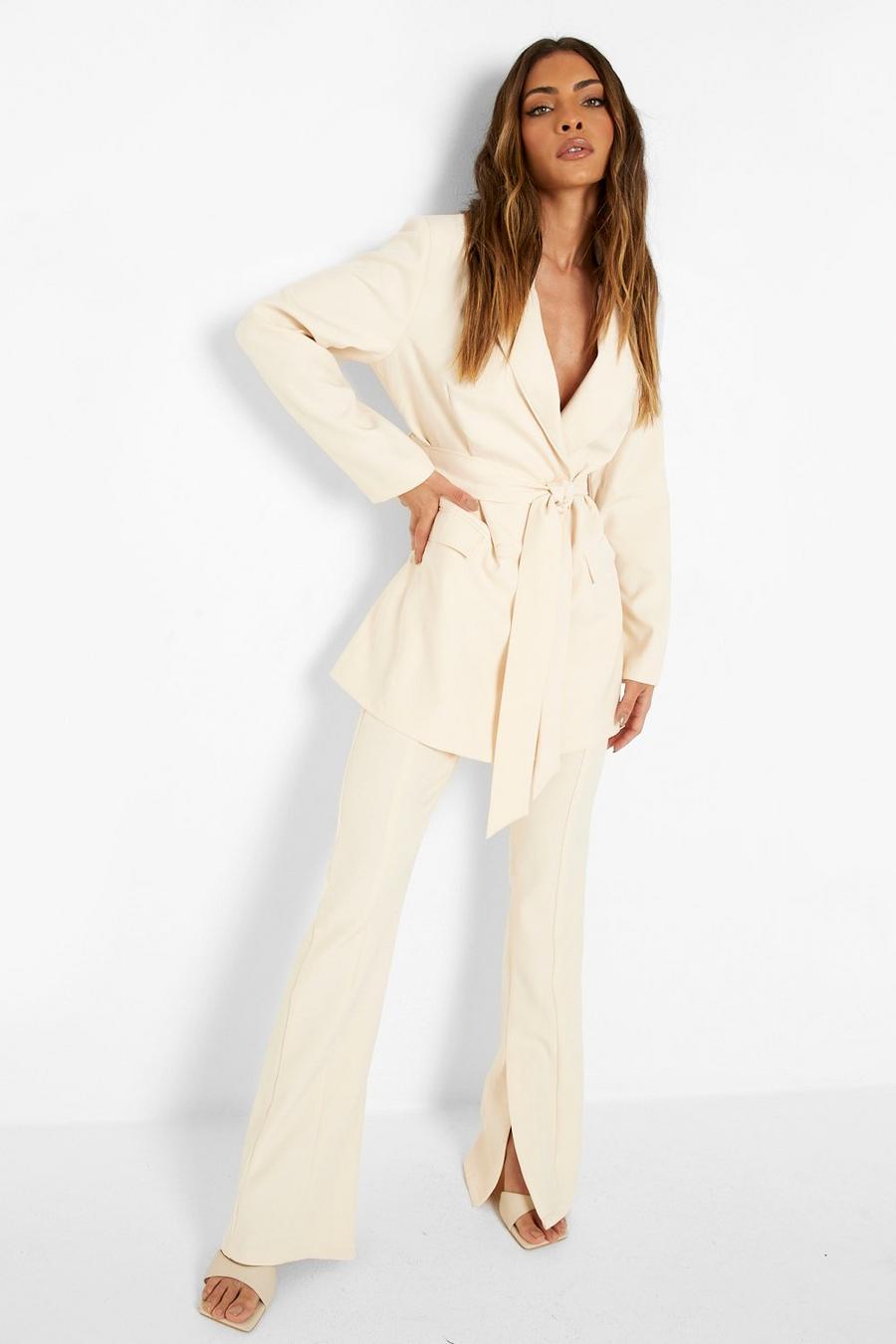 Cream Split Side Pin Tuck Front Tailored Trousers image number 1
