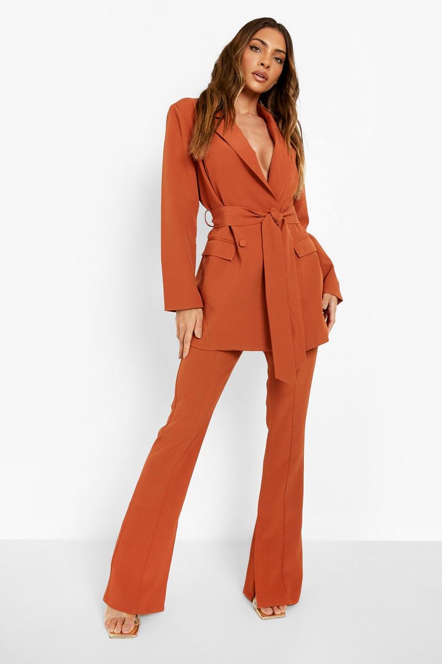 Terracotta orange Split Side Pin Tuck Front Tailored Trousers