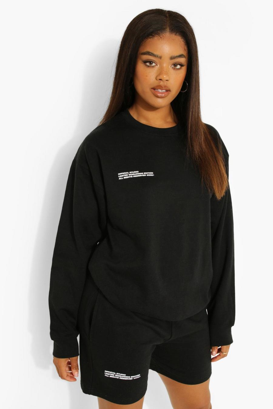 Black Text Print Sweater Short Tracksuit image number 1