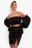 Black Matte Satin Shirred Volume Sleeve Bardot Crop