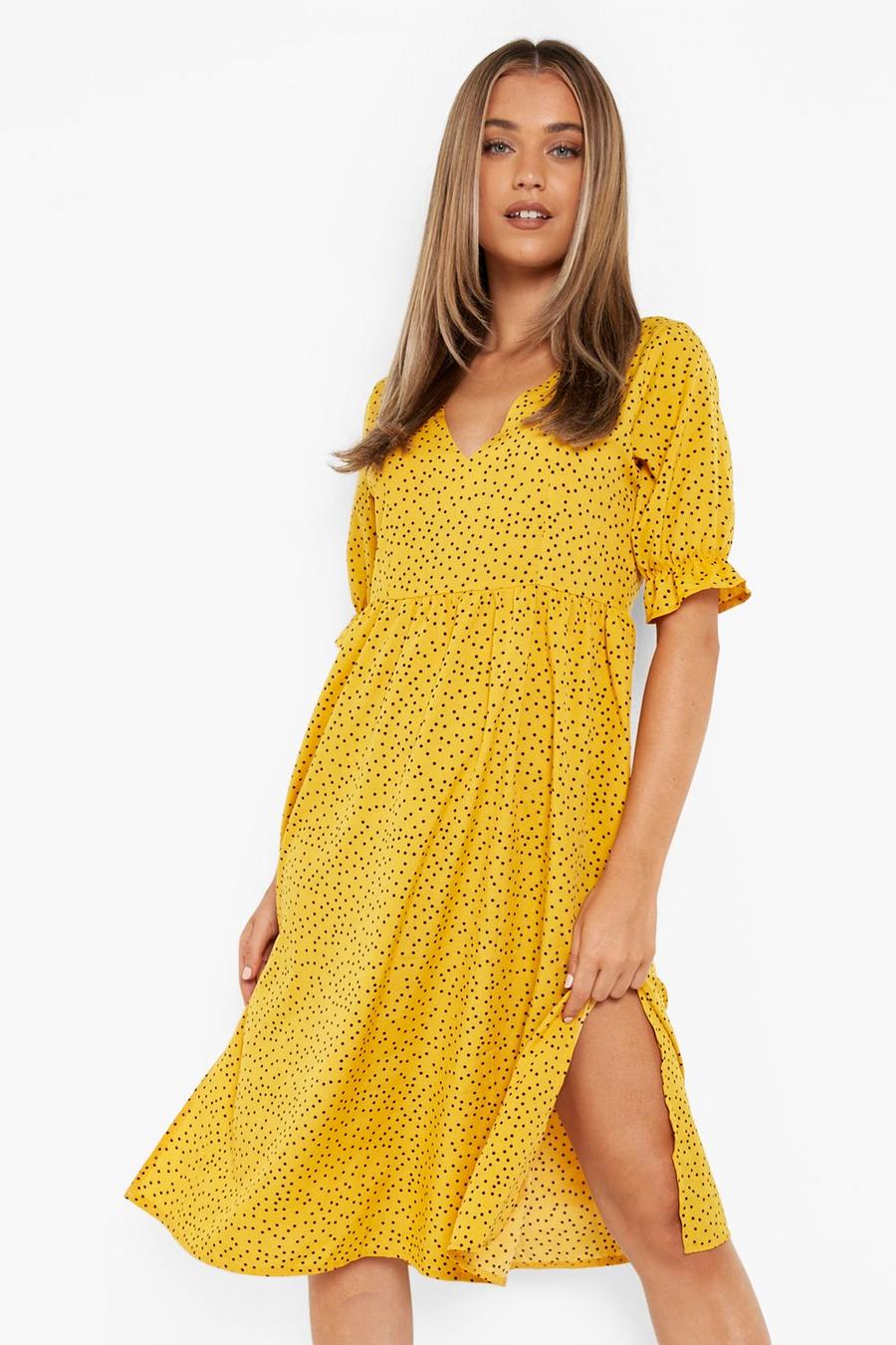 Mustard yellow Polka Dot Side Spit Midi Dress