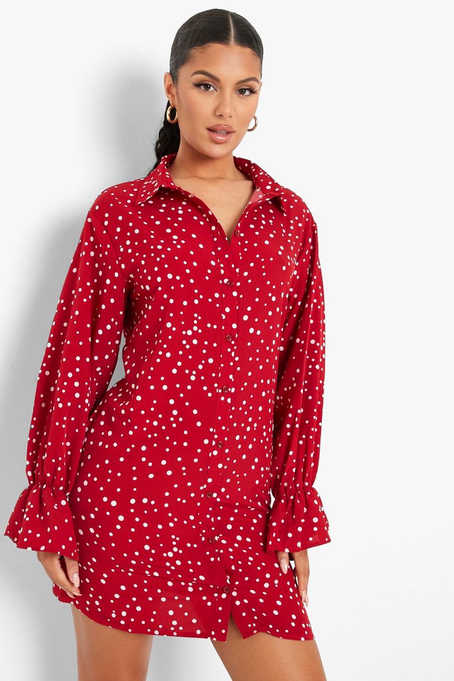 Berry Spot Frill Cuff Shirt Dress image number 1