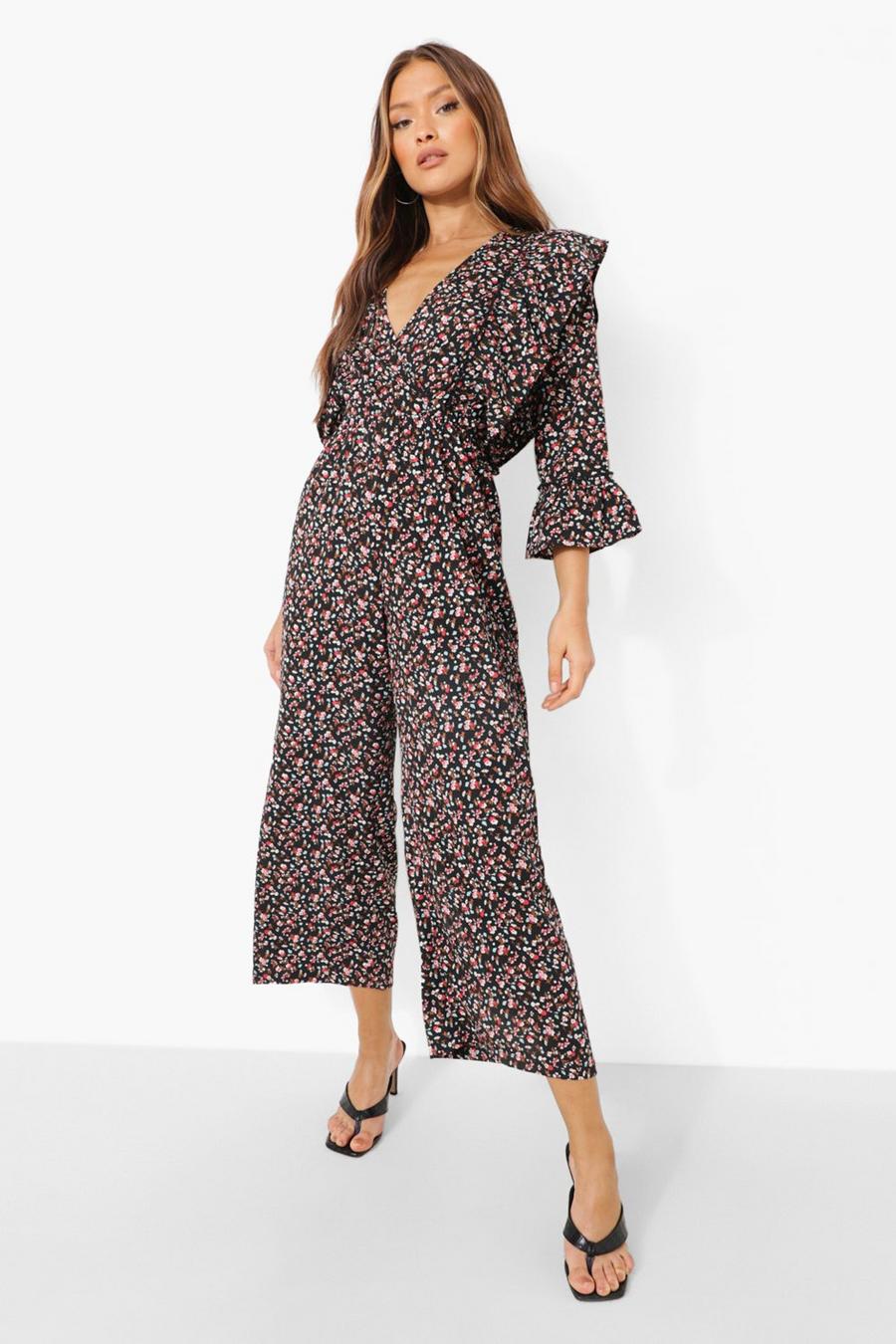 Black Ditsy Floral Ruffle Wrap Culotte Jumpsuit image number 1