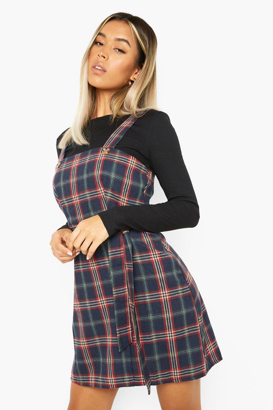 Navy Check Pinafore Side Tie Dress image number 1