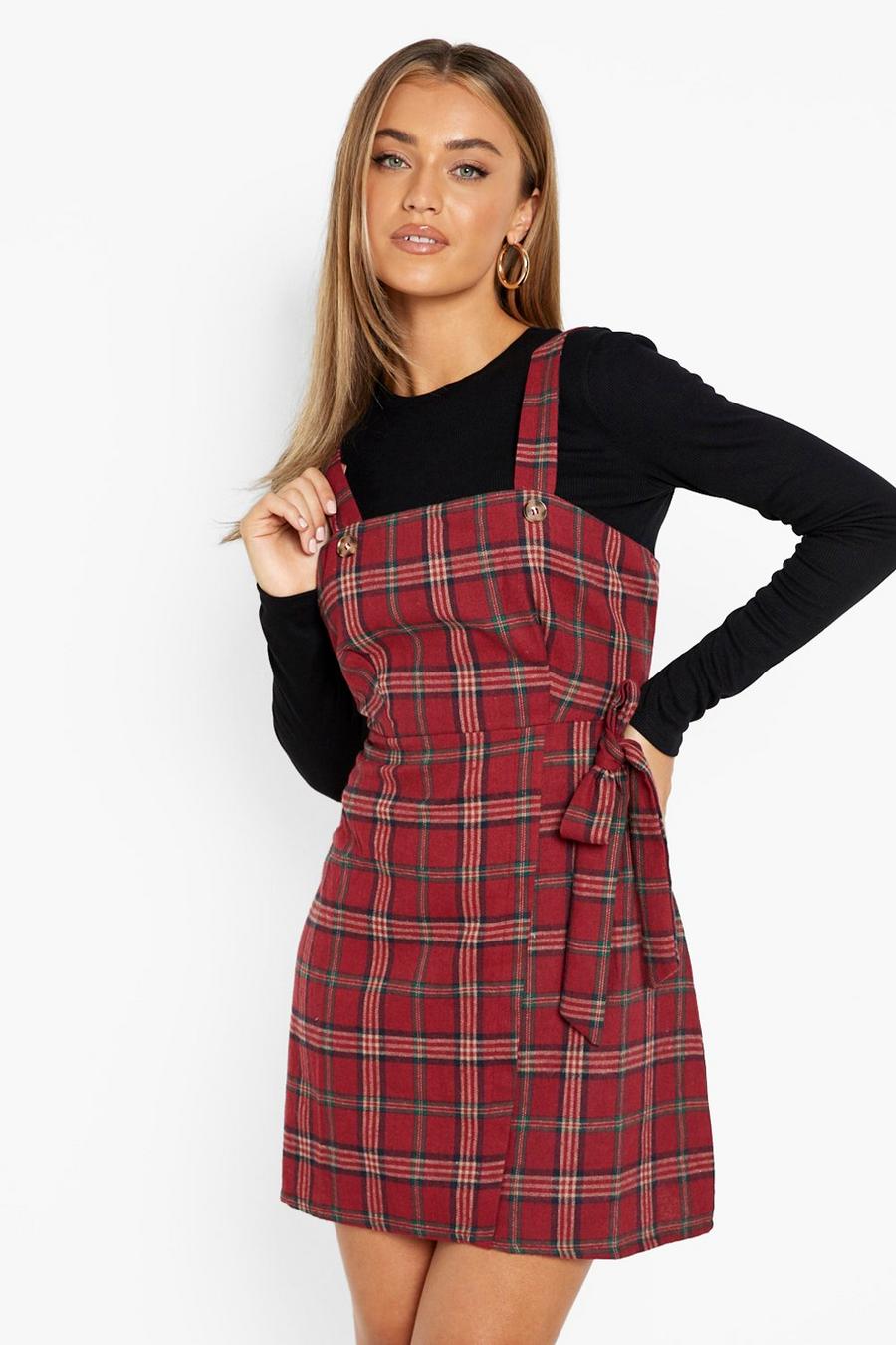 Red Check Pinafore Side Tie Dress image number 1