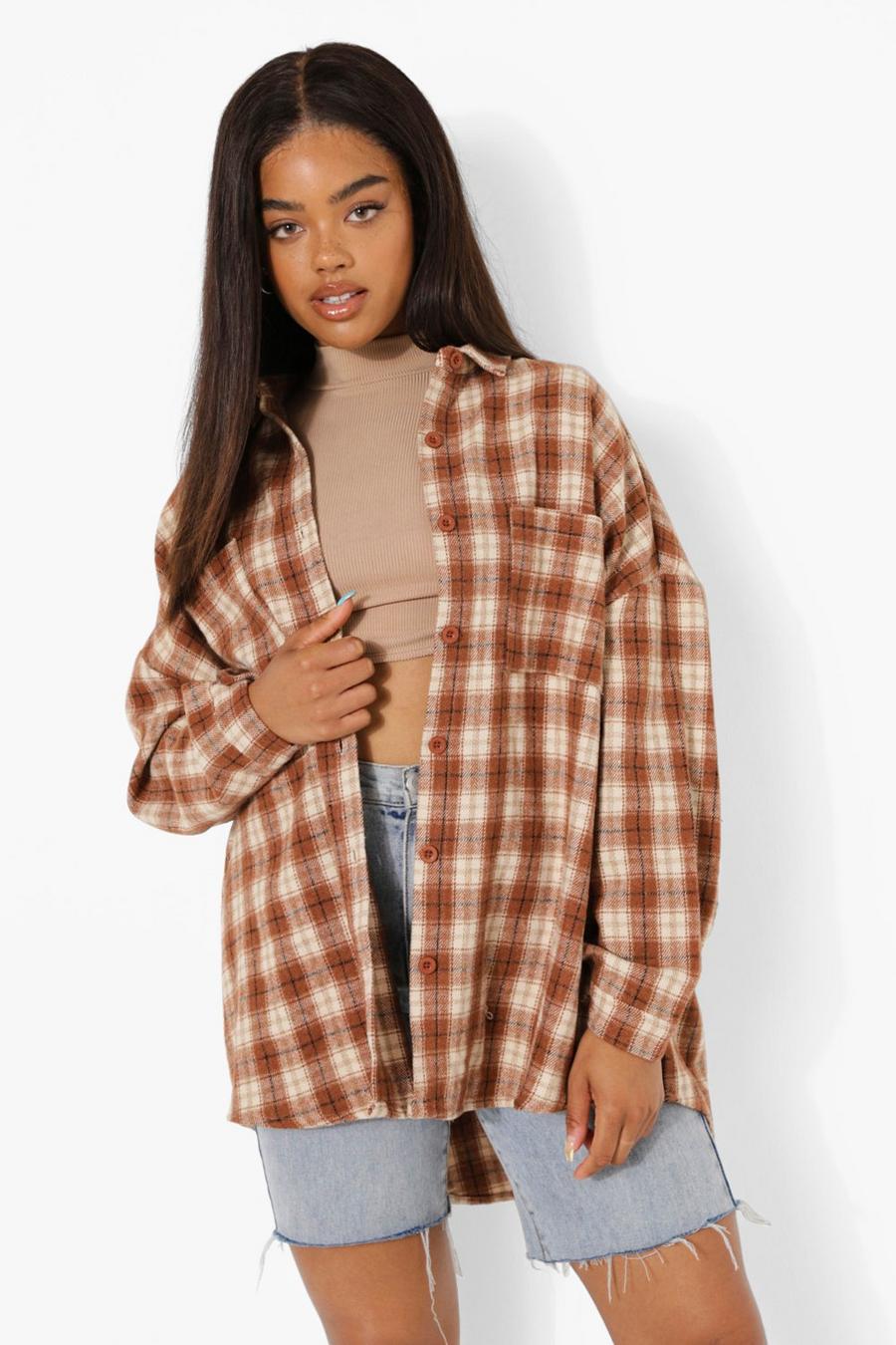Brown Brushed Checked Oversized Shirt image number 1