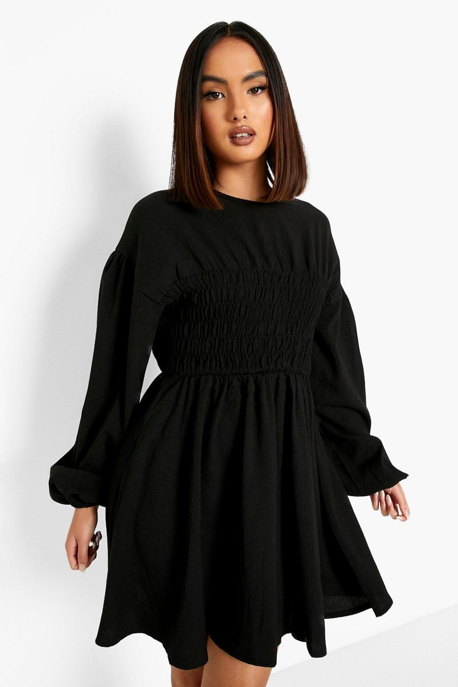 Black Shirred Detail Blouson Sleeve Smock Dress image number 1