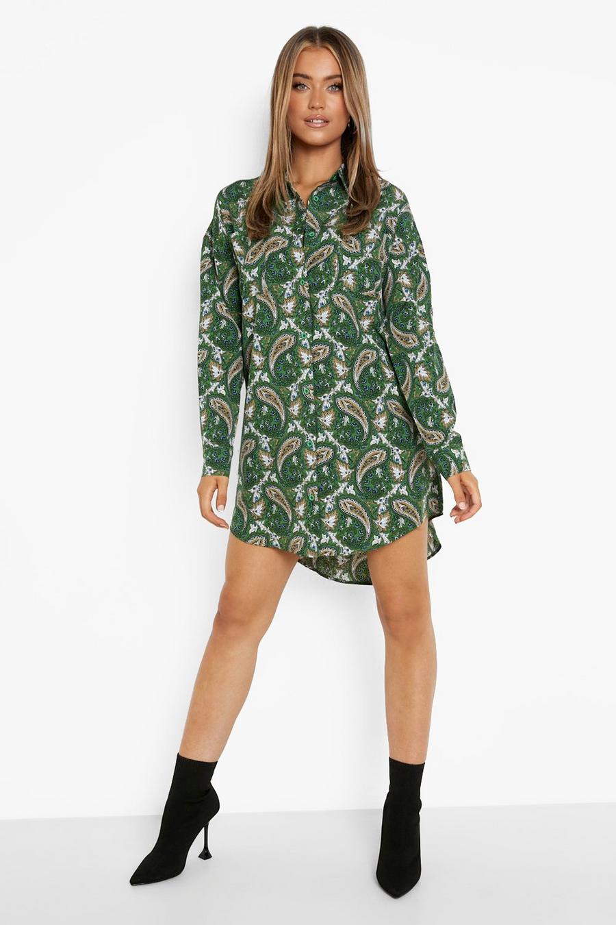 Green Paisley Printed Shirt Dress image number 1