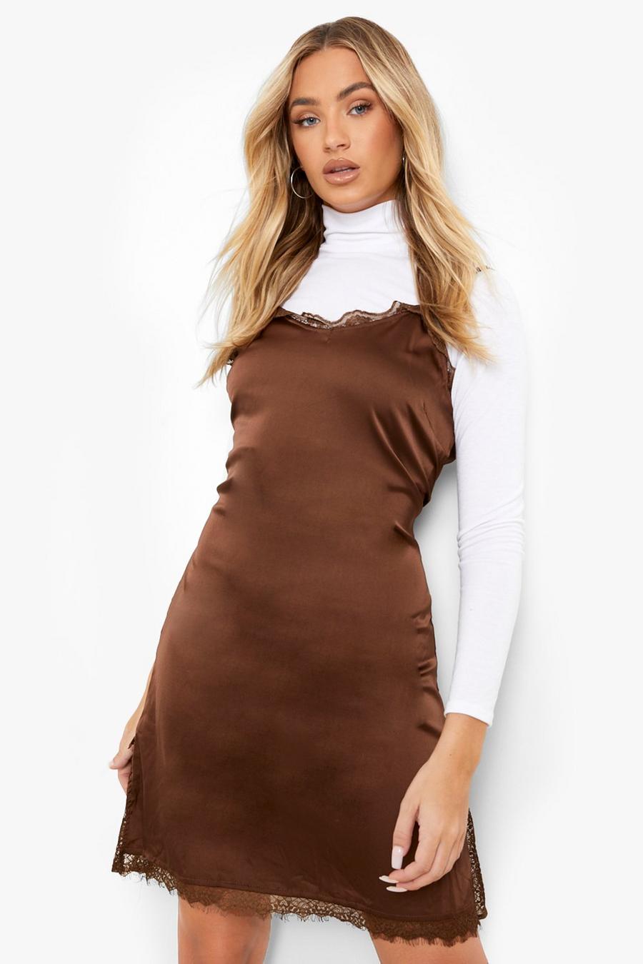 Chocolate Lace Satin Side Split Slip Dress image number 1