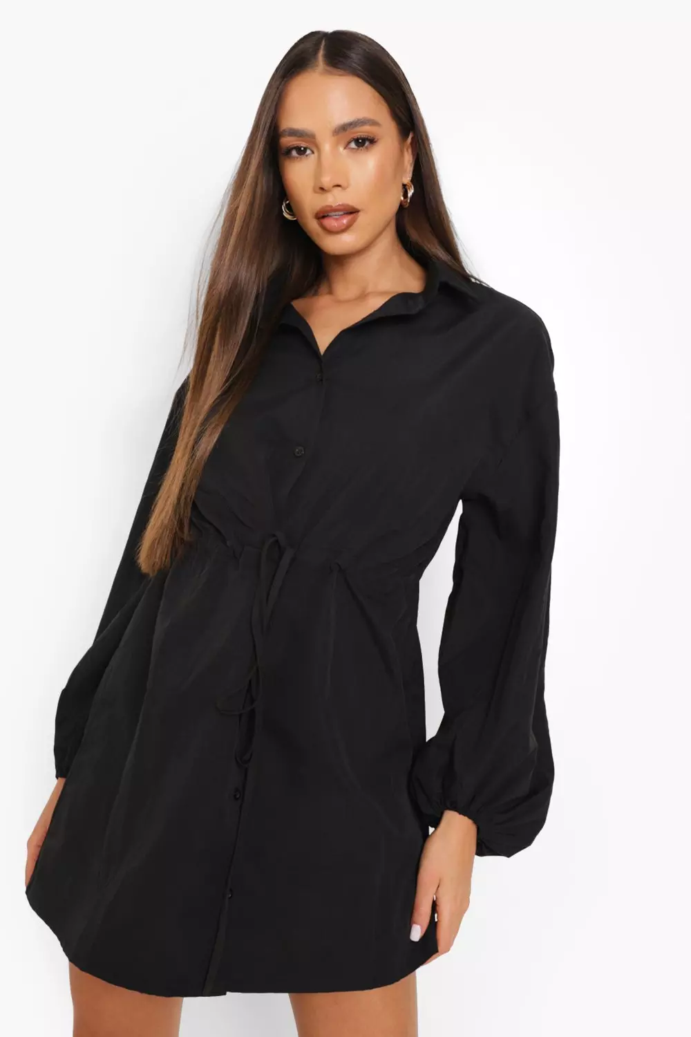 Blouson Sleeve Gathered Waist Shirt Dress