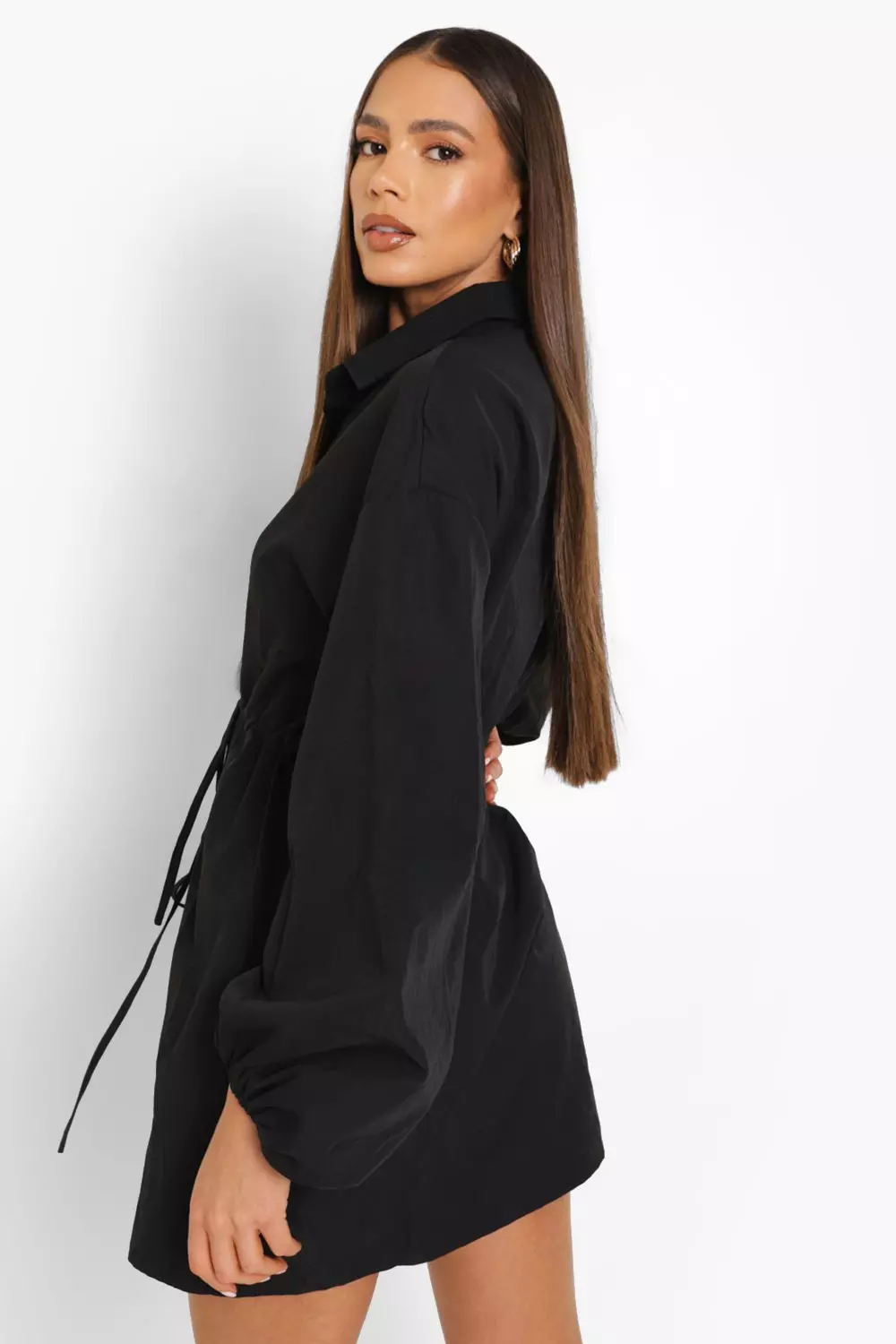 Blouson Sleeve Gathered Waist Shirt Dress