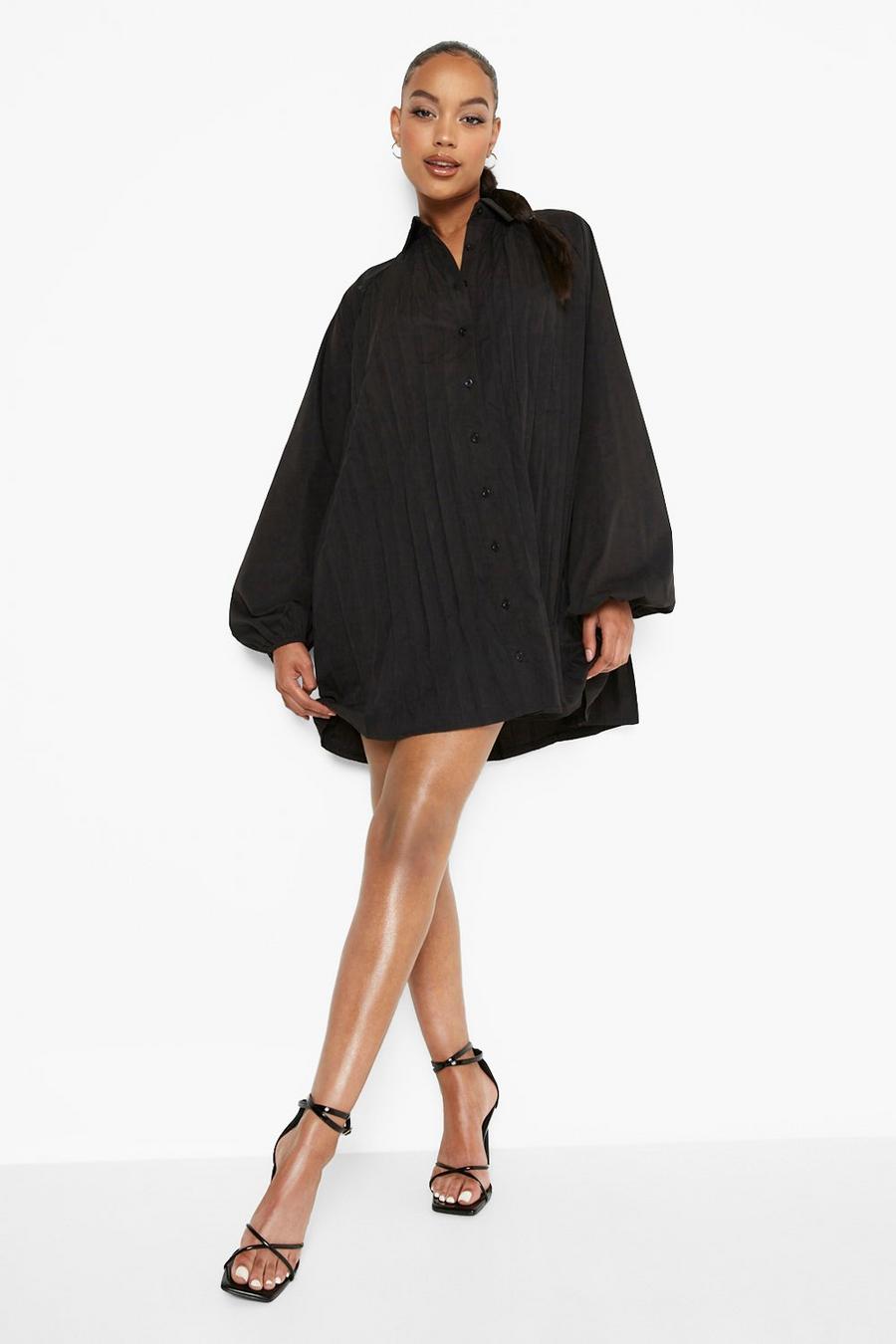 Black Pleated Long Sleeve Shirt Dress image number 1