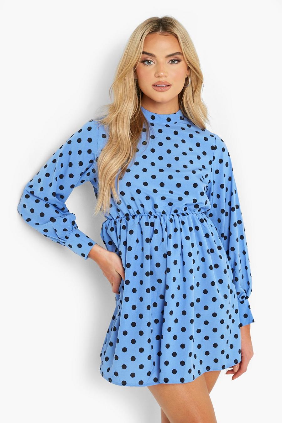 Blue Polka Dot Long Sleeve Skater Dress image number 1