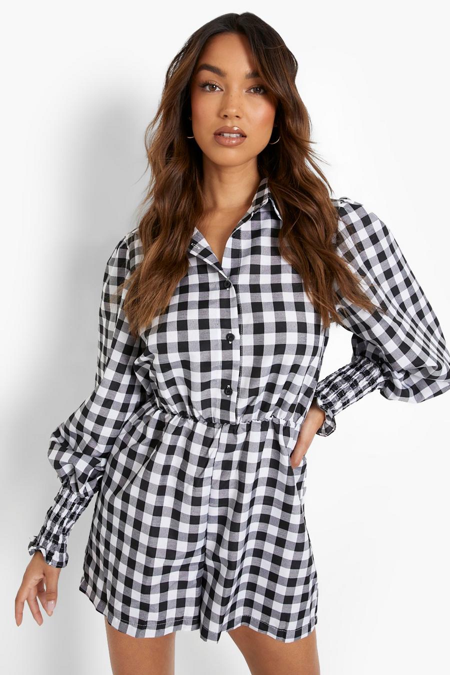 Black Check Shirred Cuff Playsuit image number 1
