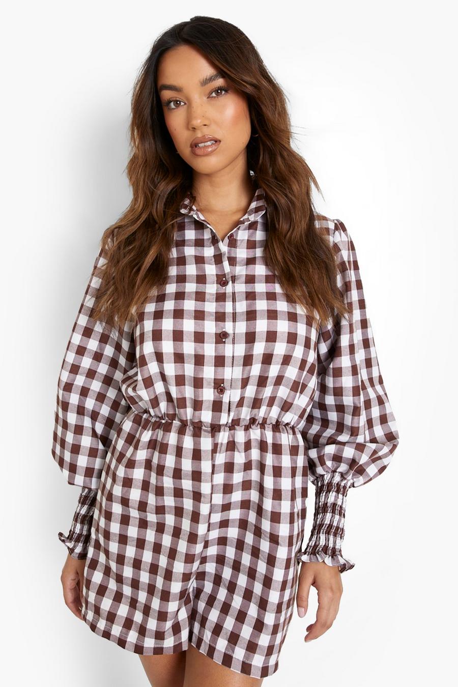 Brown Check Shirred Cuff Playsuit image number 1