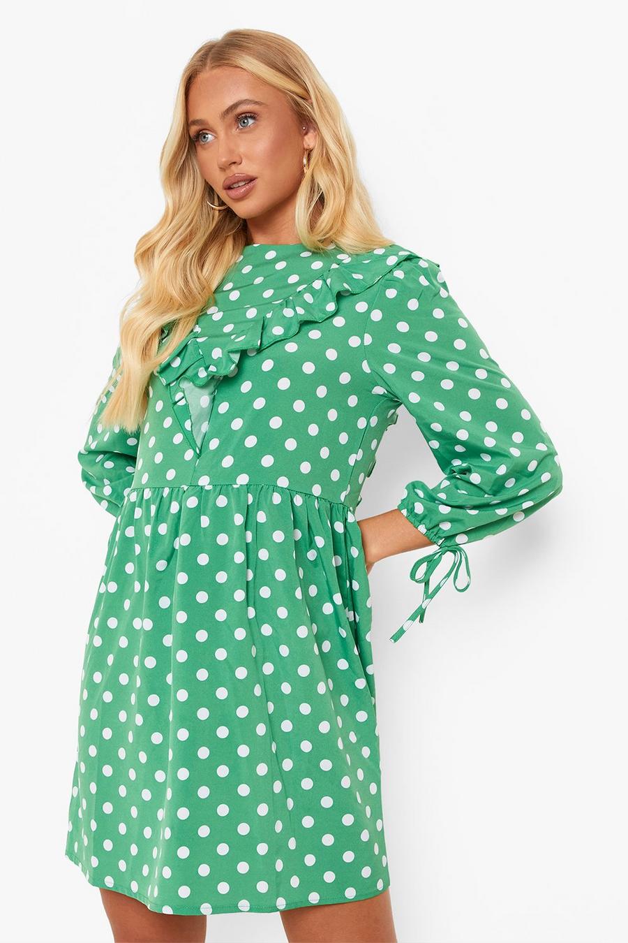 Dark green Polka Dot Ruffle Detail Smock Dress image number 1