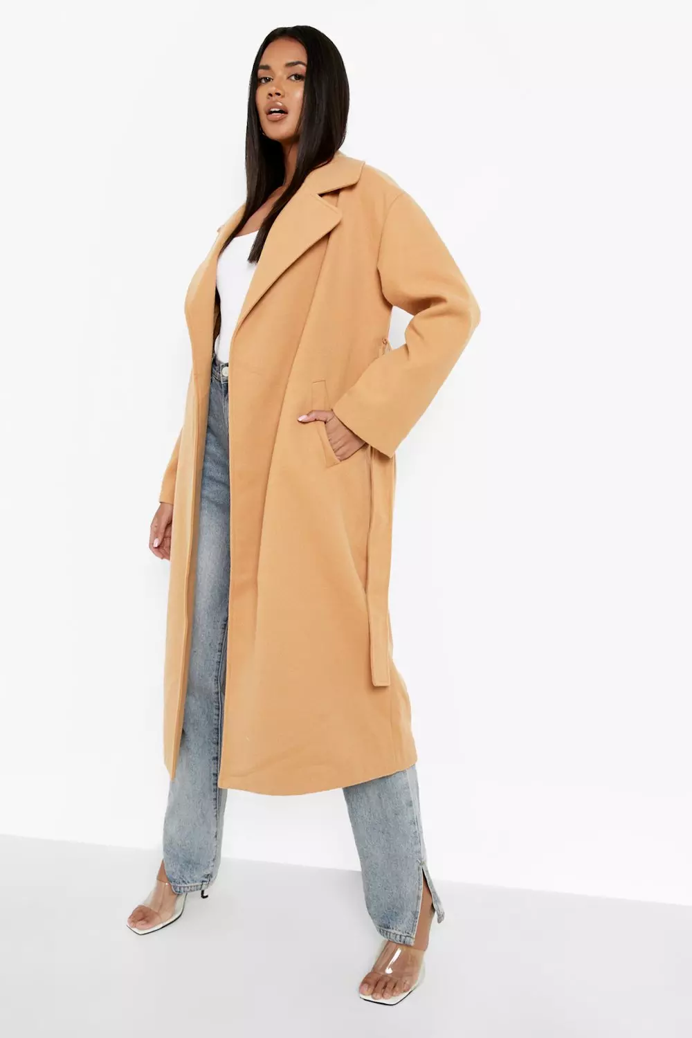 Long Wrap Camel Wool Coat Plus Size with Belt - Danellys