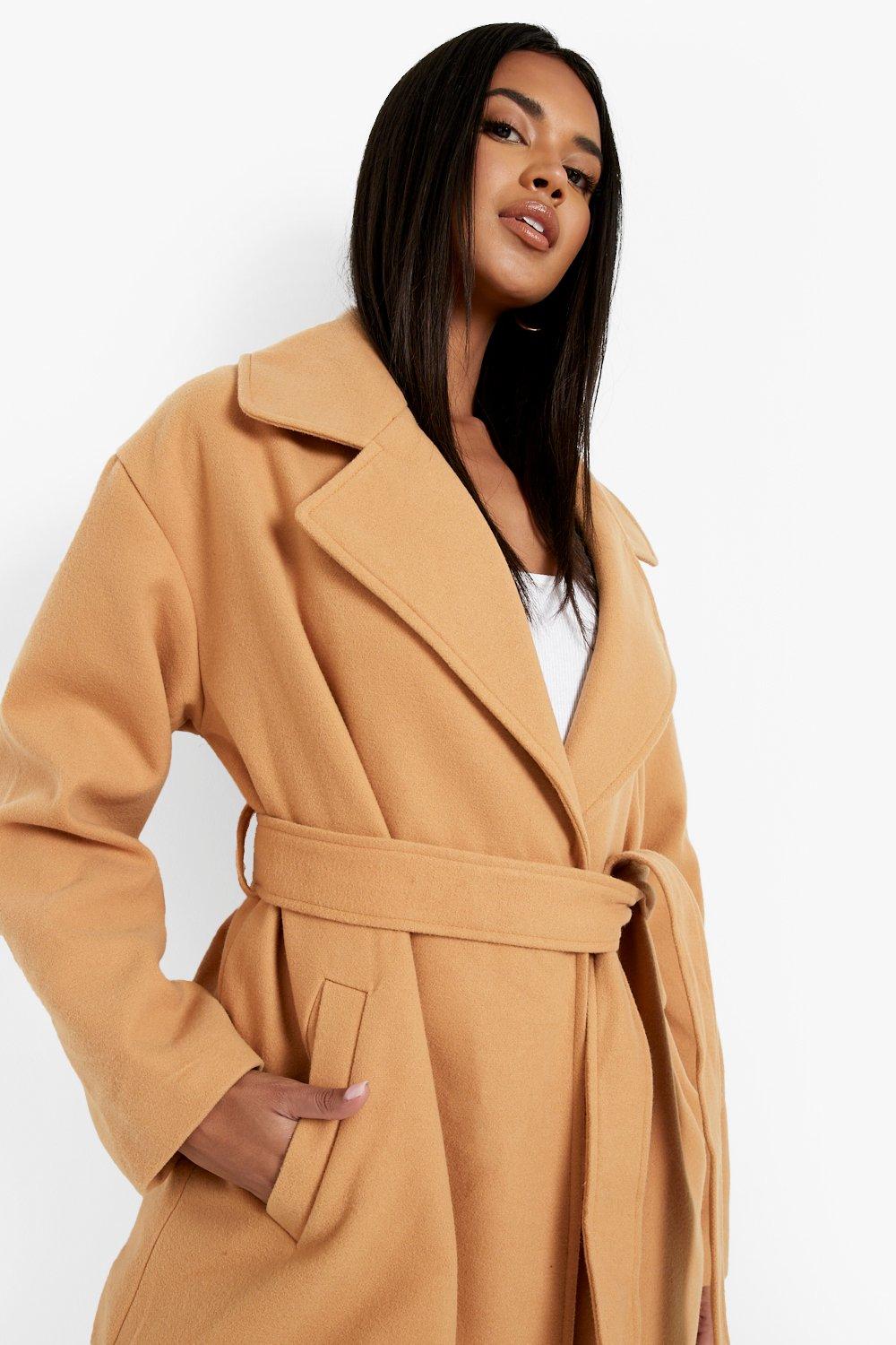 boohoo Belted Short Textured Wool Look Trench Coat - Beige - Size 4