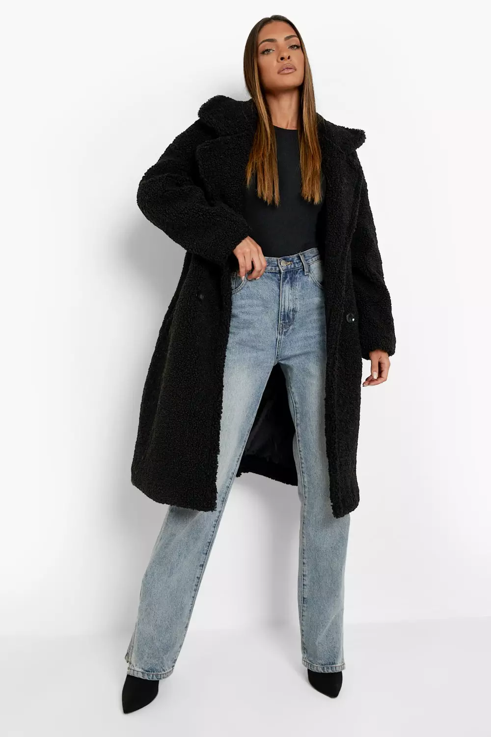 Boohoo black cheap teddy coat