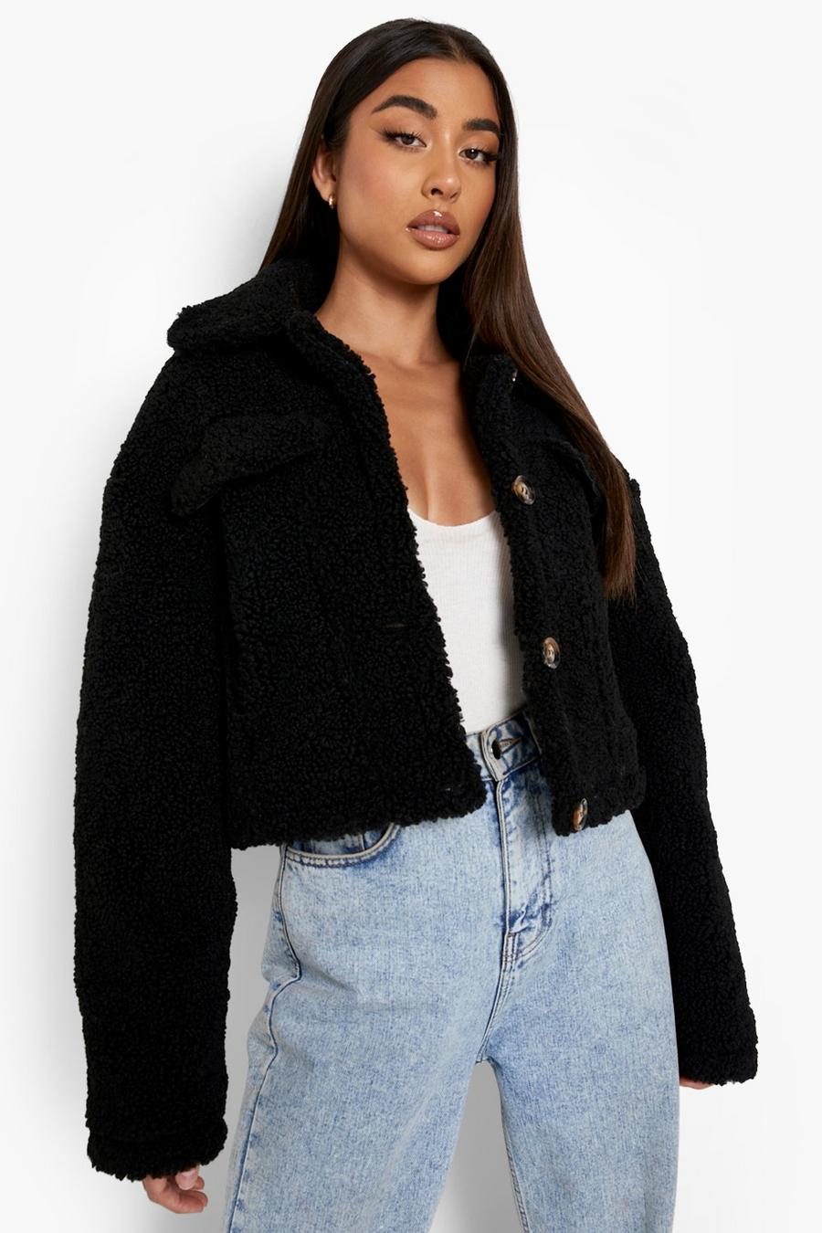 Black Teddy Faux Fur Cropped Trucker image number 1