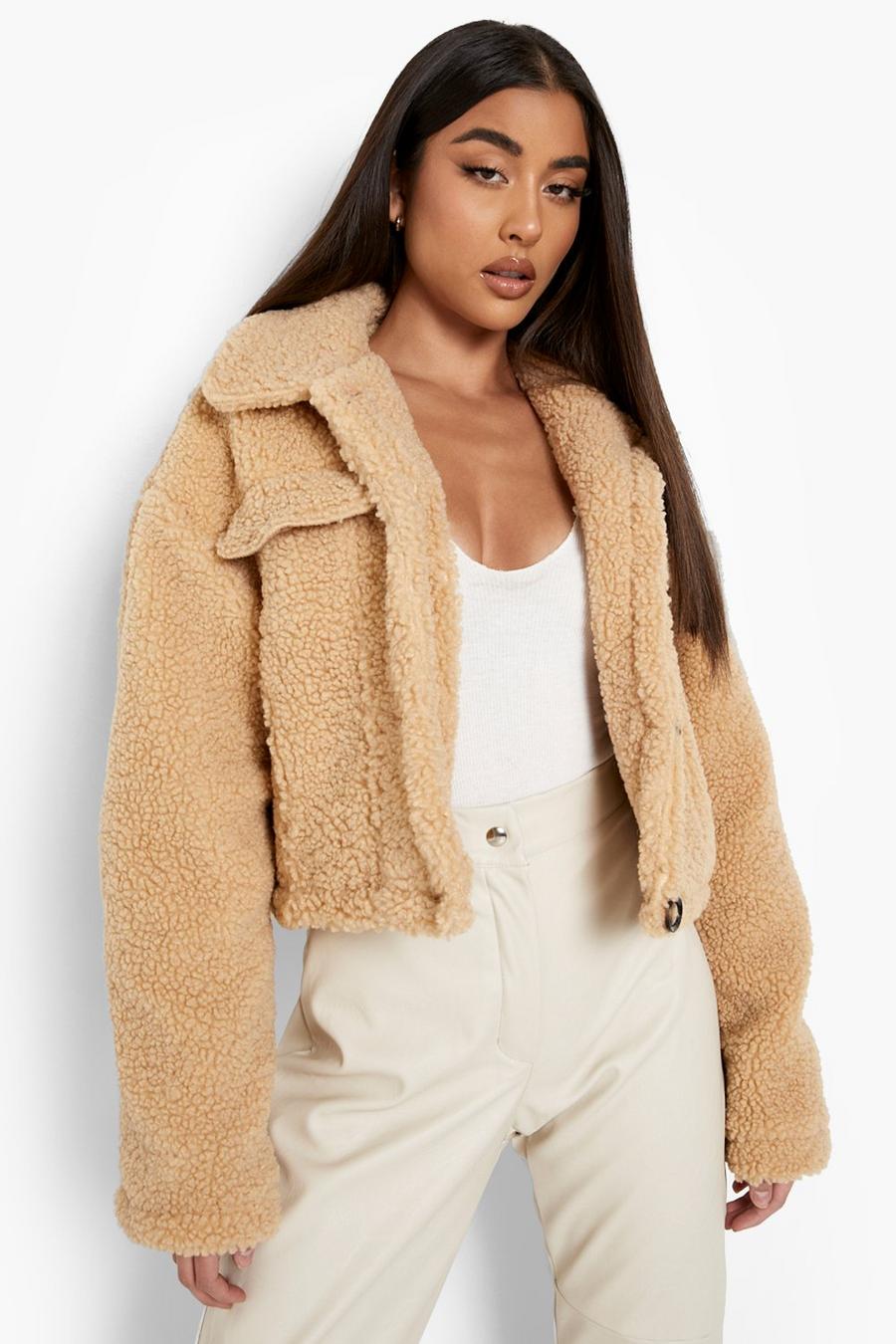 Camel Teddy Faux Fur Cropped Trucker image number 1