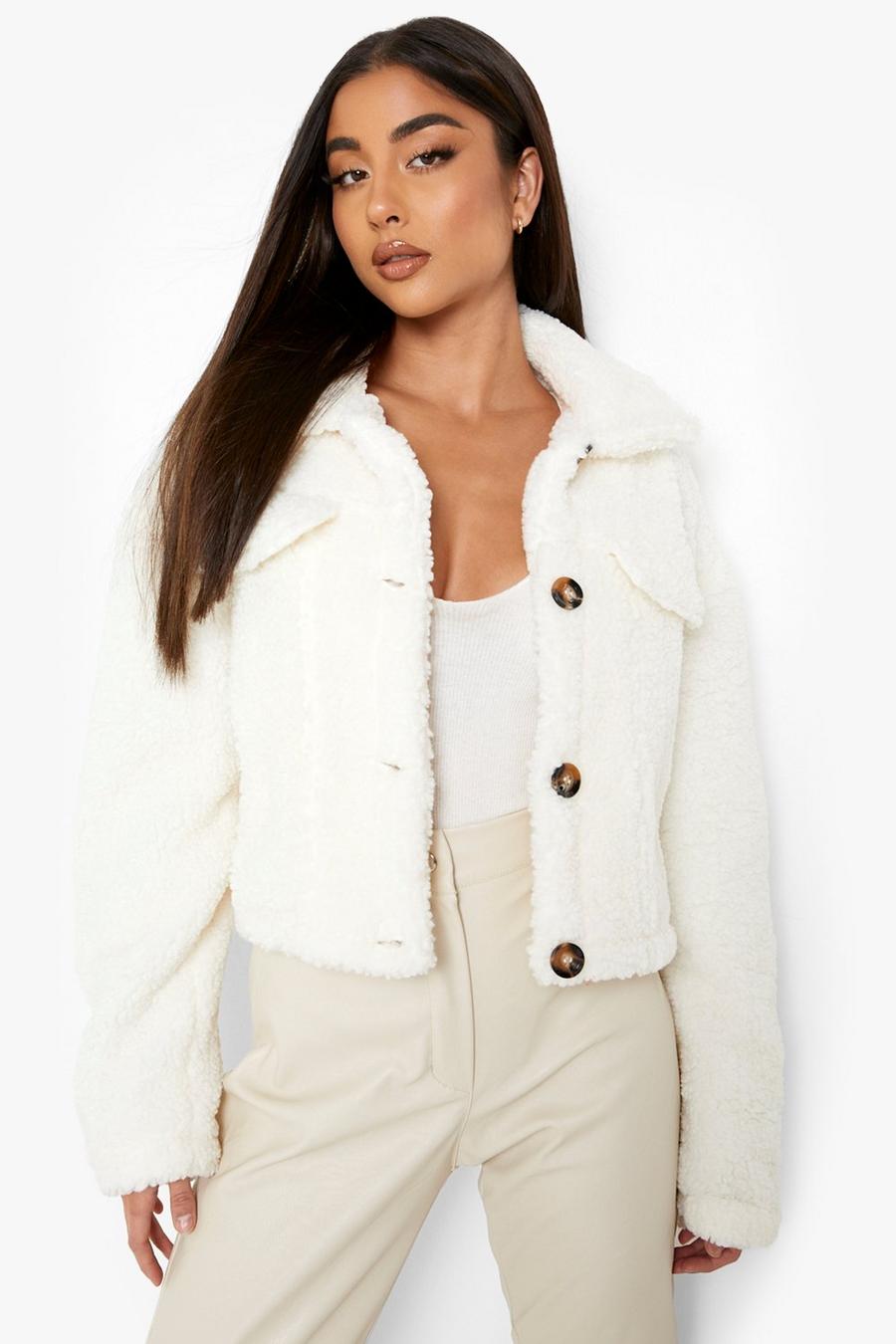 Cream white Teddy Faux Fur Cropped Trucker image number 1