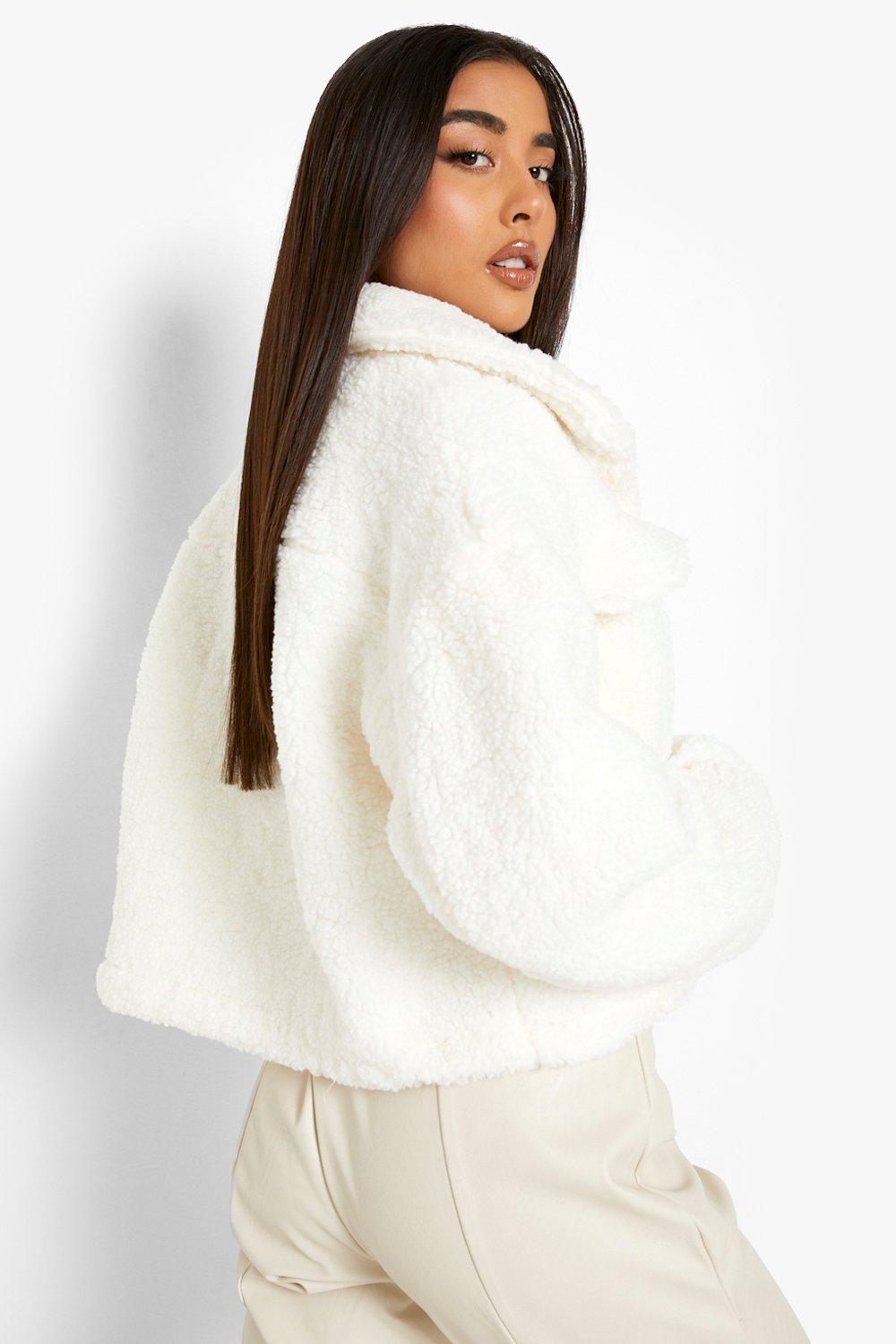 Cropped white teddy clearance jacket