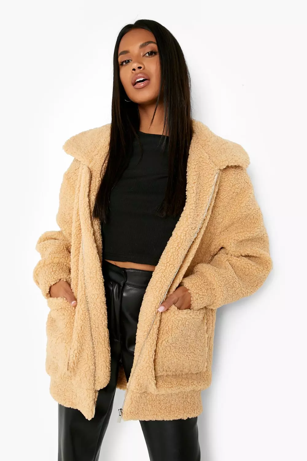 Camel faux fur bomber on sale jacket