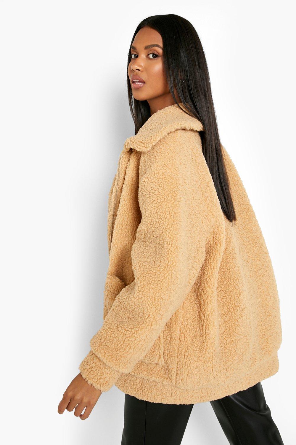 Camel teddy fur hot sale bomber jacket