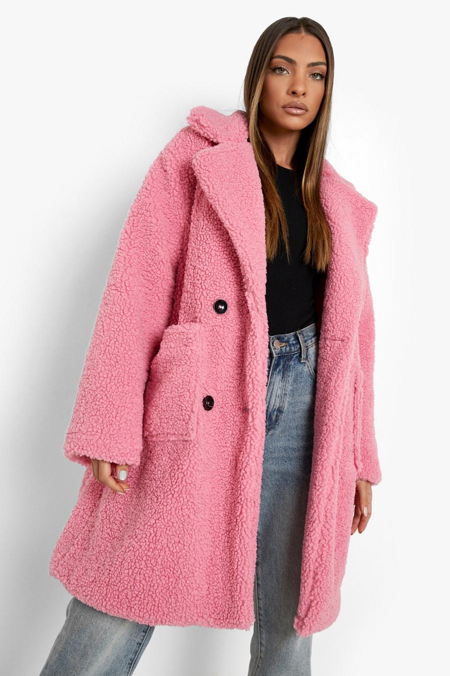 Dusky pink rosa Teddy Faux Fur Double Breasted Coat image number 1