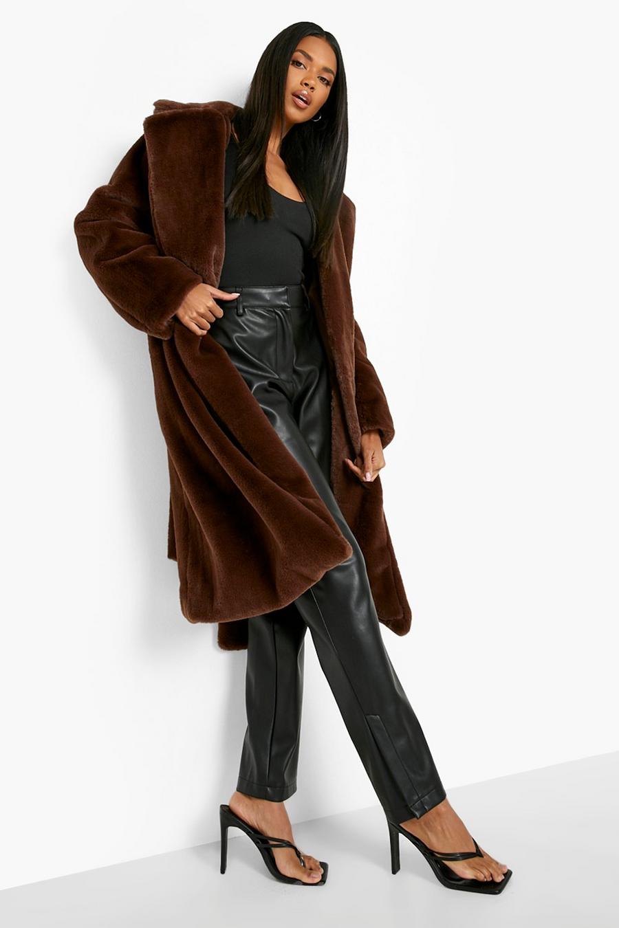 Chocolate Faux Fur Belted Oversized Coat image number 1