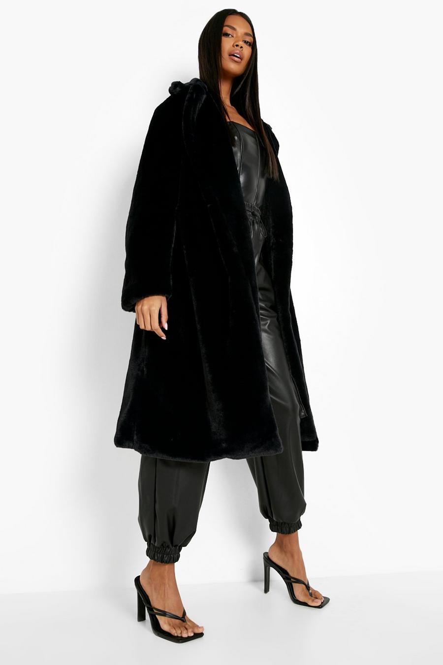 Black Faux Fur Belted Oversized Coat image number 1