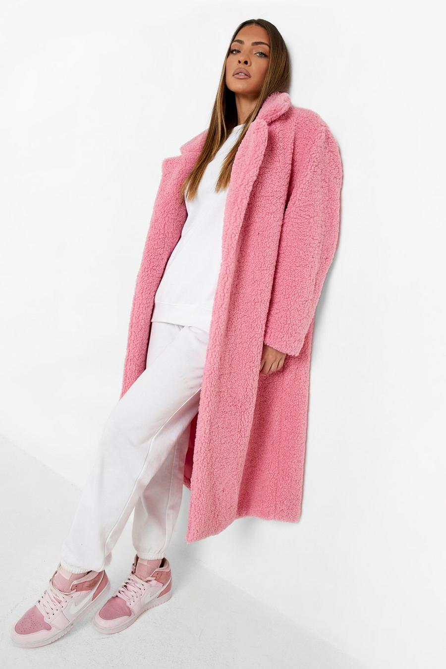 Dusky pink rosa Teddy Faux Fur Longline Coat