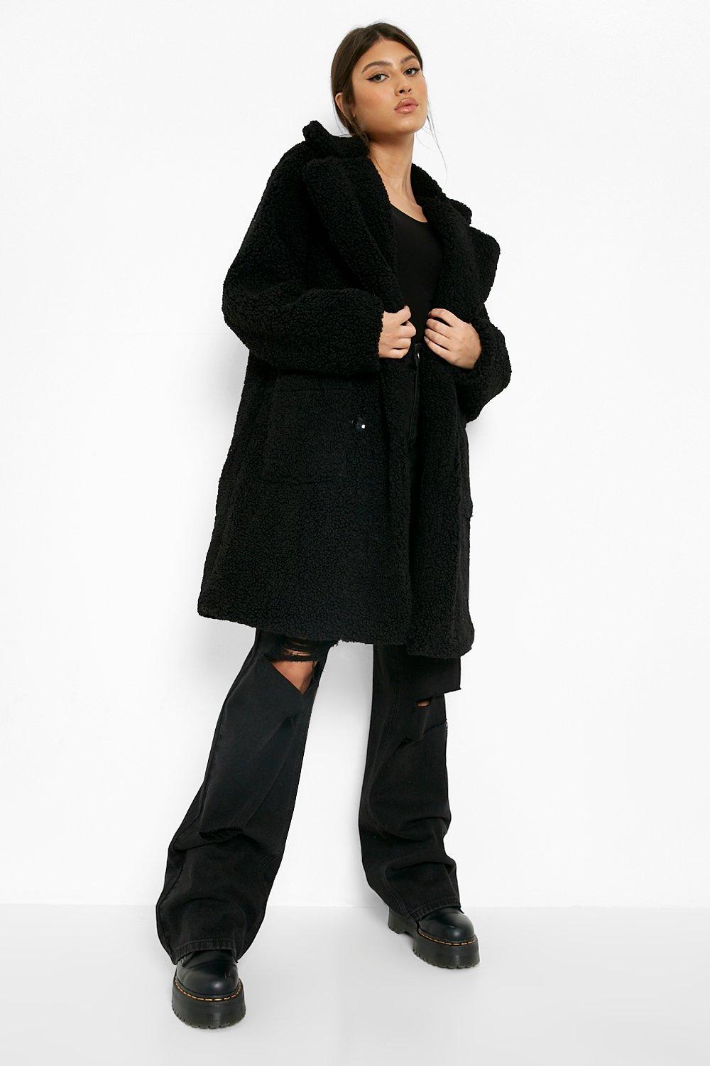 Boohoo black teddy coat online