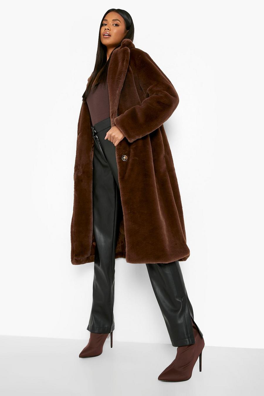 Chocolate Faux Fur Collared Coat image number 1