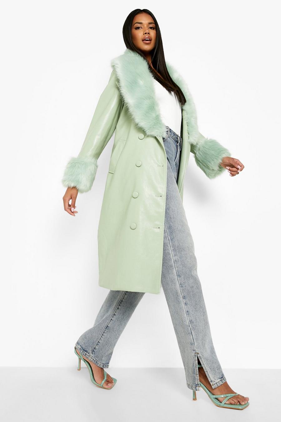 Tessa Brooks - Manteau long avec bordures et col en fausse fourrure, Sage grün