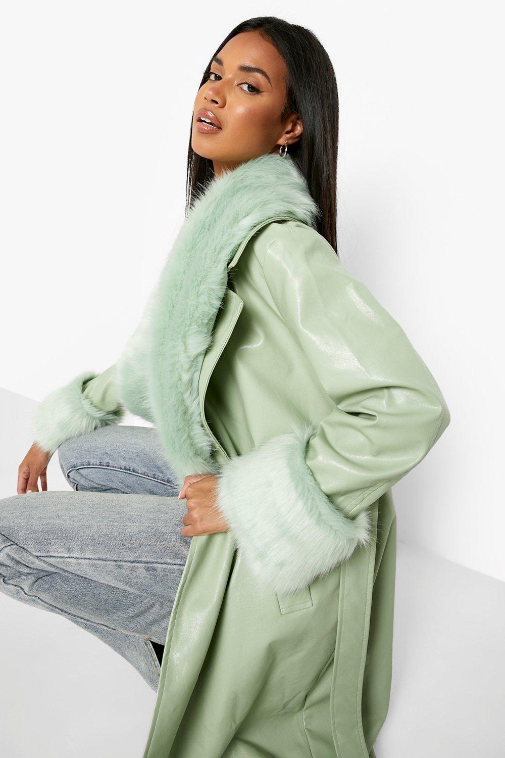 Sadie Faux Fur Trim Wrap Coat Green, Women's Coats