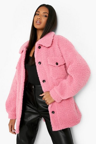 Womens Teddy Bear Coats Borg, Pink Teddy Faux Fur Long Coat