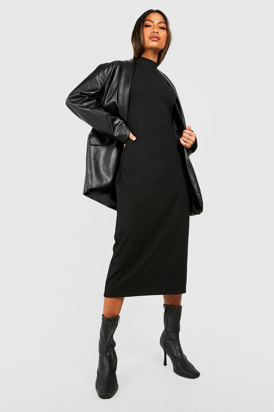 Black High Neck Long Sleeve Midi Dress image number 1