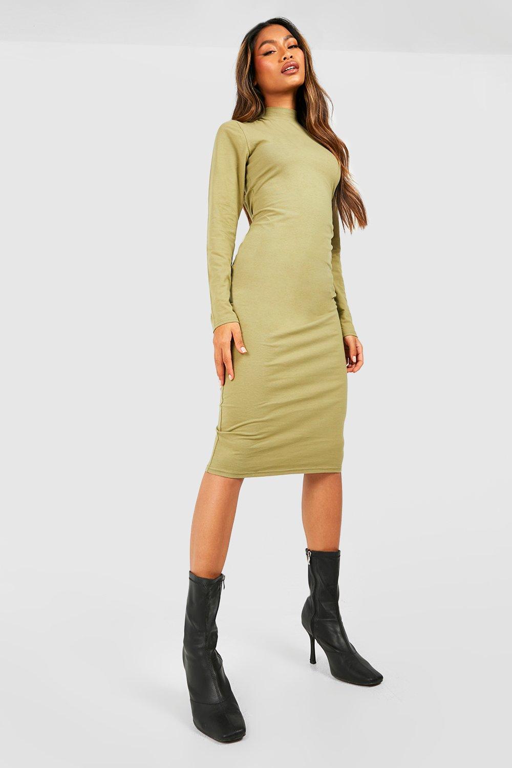 long sleeve high neck midi dress