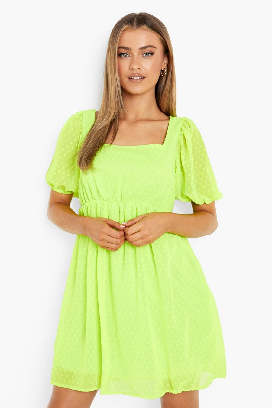 Lime Dobby Mesh Puff Sleeve Smock Dress image number 1