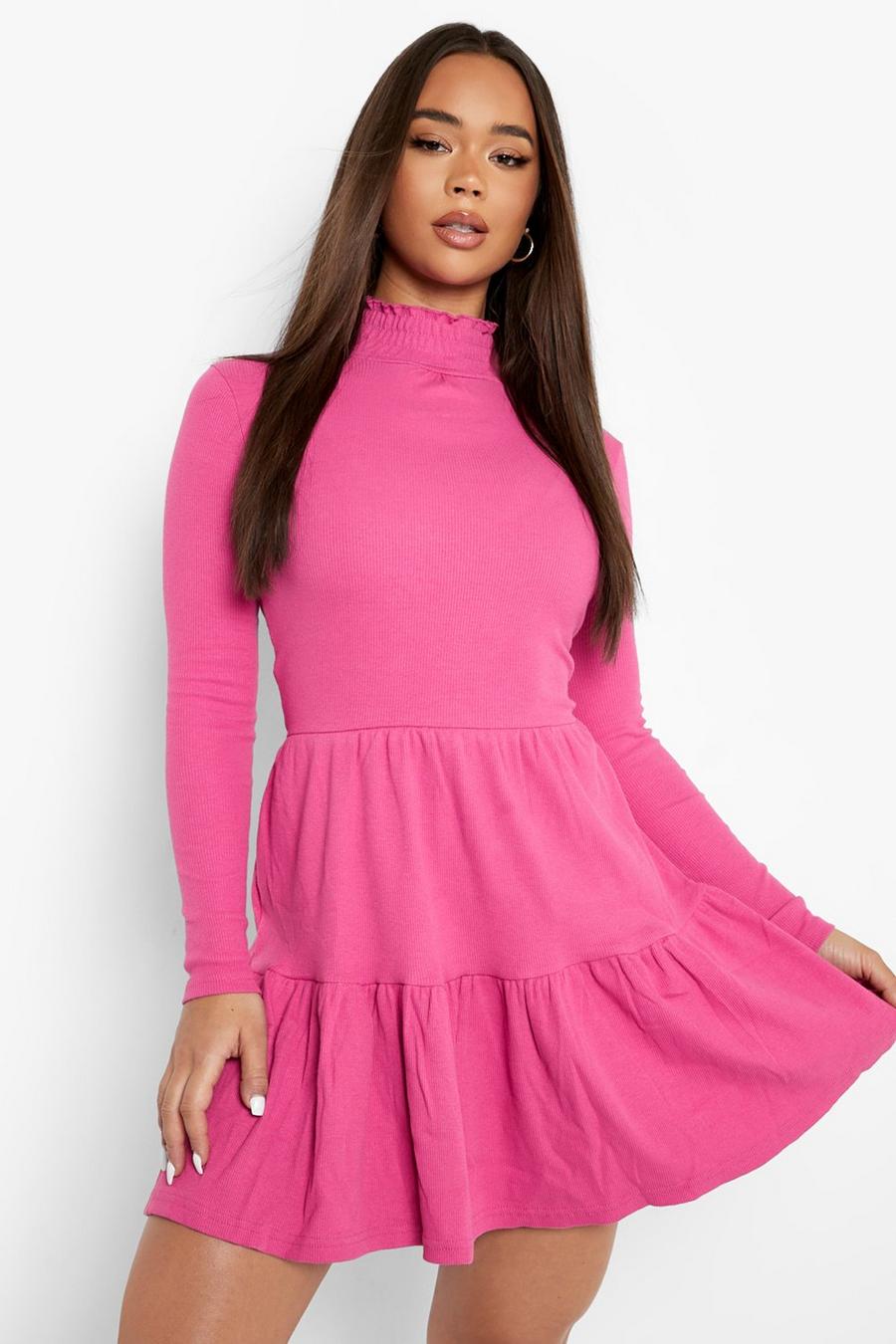 Magenta pink Roll Neck Long Sleeve Mini Dress